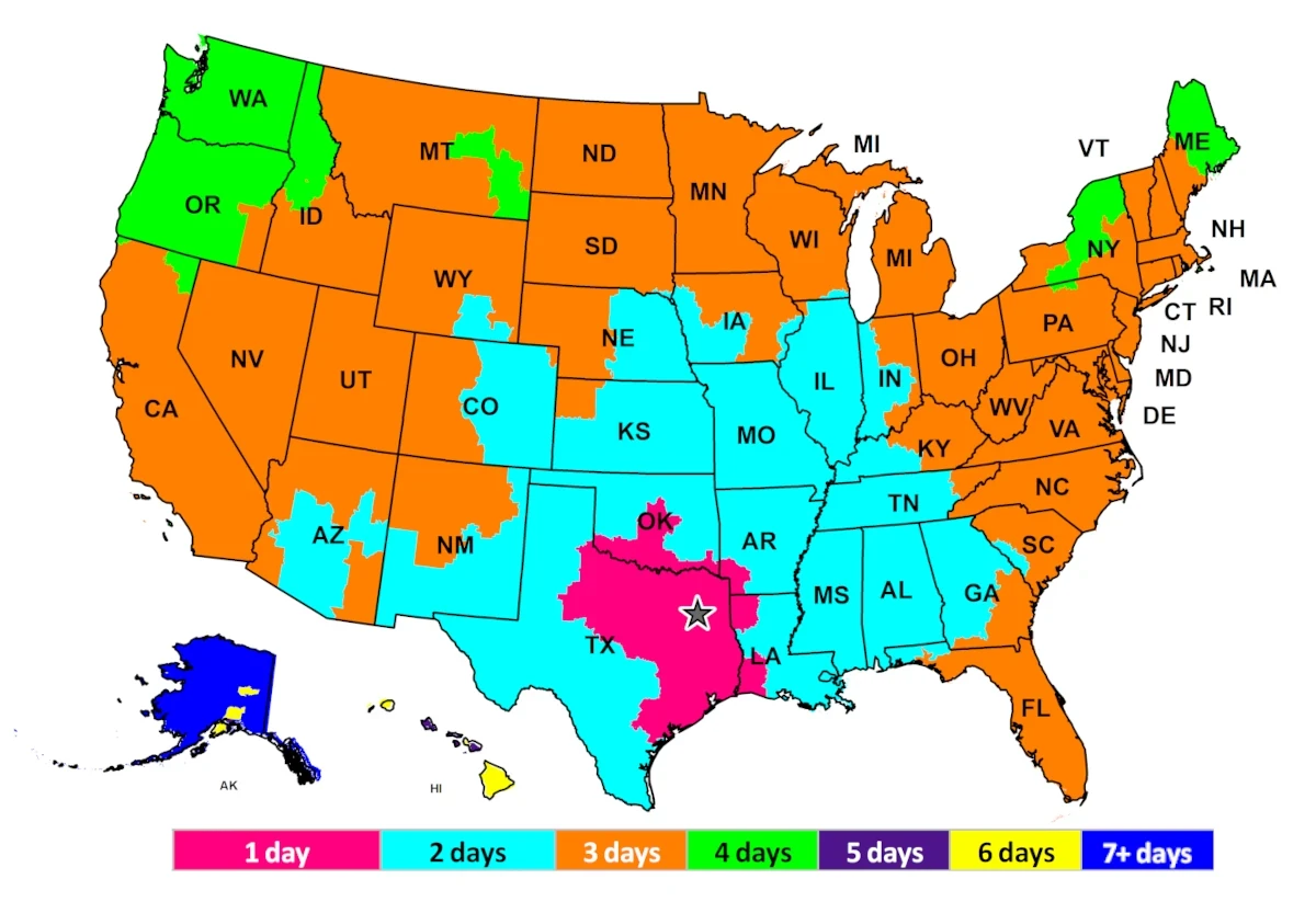 FedEx Ground Service Map with Day Motor Sports as the origin.